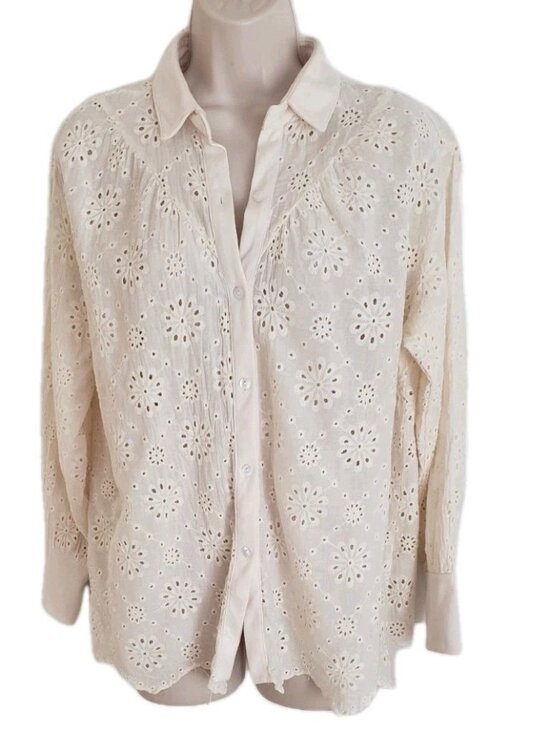 NY Collection Tops - NY COLLECTION  IVORY EYELET BUTTON FRONT BLOUSE SHIRT LARGE